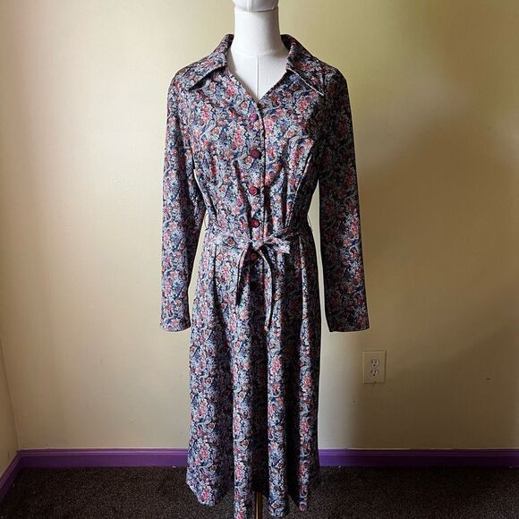 Vintage 70s Long Sleeve Shirt Dress Button Front Tie Waist Size XL‎ Blue Paisley - Picture 1 of 9